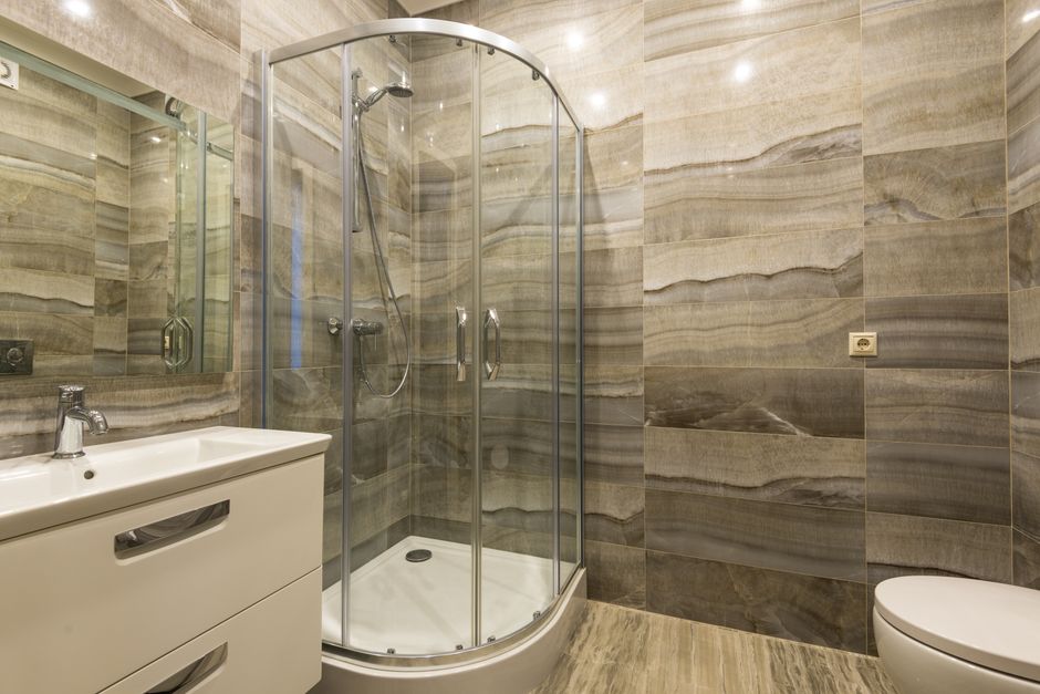 Glass shower enclosure and modern bathtub